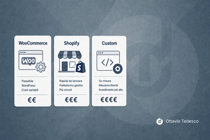 WooCommerce vs Shopify vs Custom: scelta pratica Confronto tra WooCommerce, Shopify ed e-commerce custom su costi, controllo e manutenzione